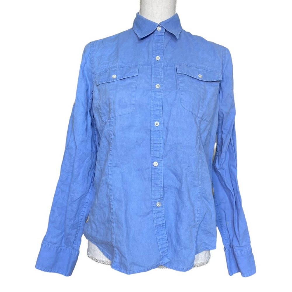 100% Linen Blouse M Classic Button-up Long Sleeve Roll Tab Pockets Light Blue